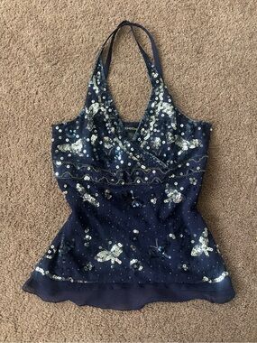 Vintage bebe Navy Sequin Halter Cami 100% Silk
